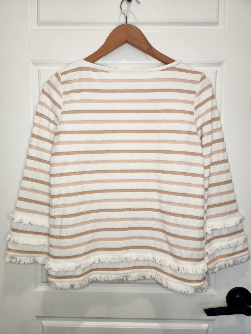 Sz S Club Monaco 100% Cotton Beige & White Striped Fringe-Trim Pullover Sweater - Picture 5 of 7